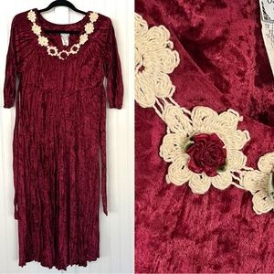 Vintage 90's Burgundy Maroon Crushed Velvet Maxi Dress Crochet Flowers Rosette